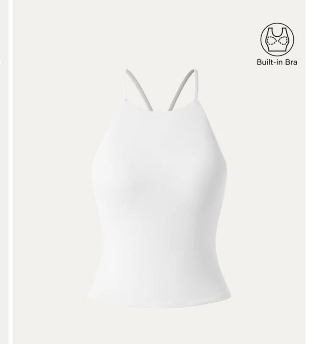OGLmove White Halter Neck Tank Top Built-In Bra Strappy Back Size XS New